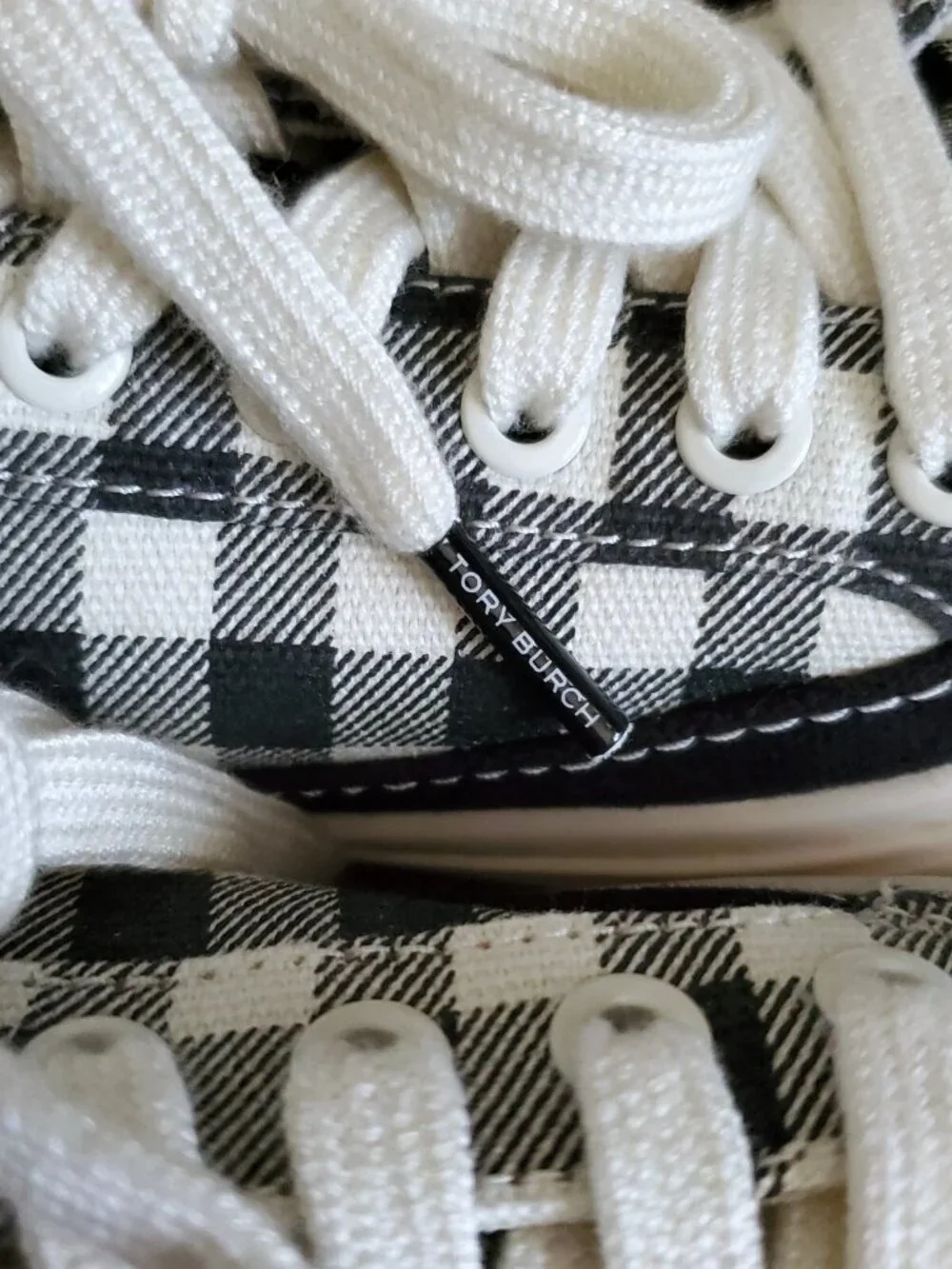 Tory Burch Classic Court Lace Up Black Gingham Canvas Sneaker Size 6